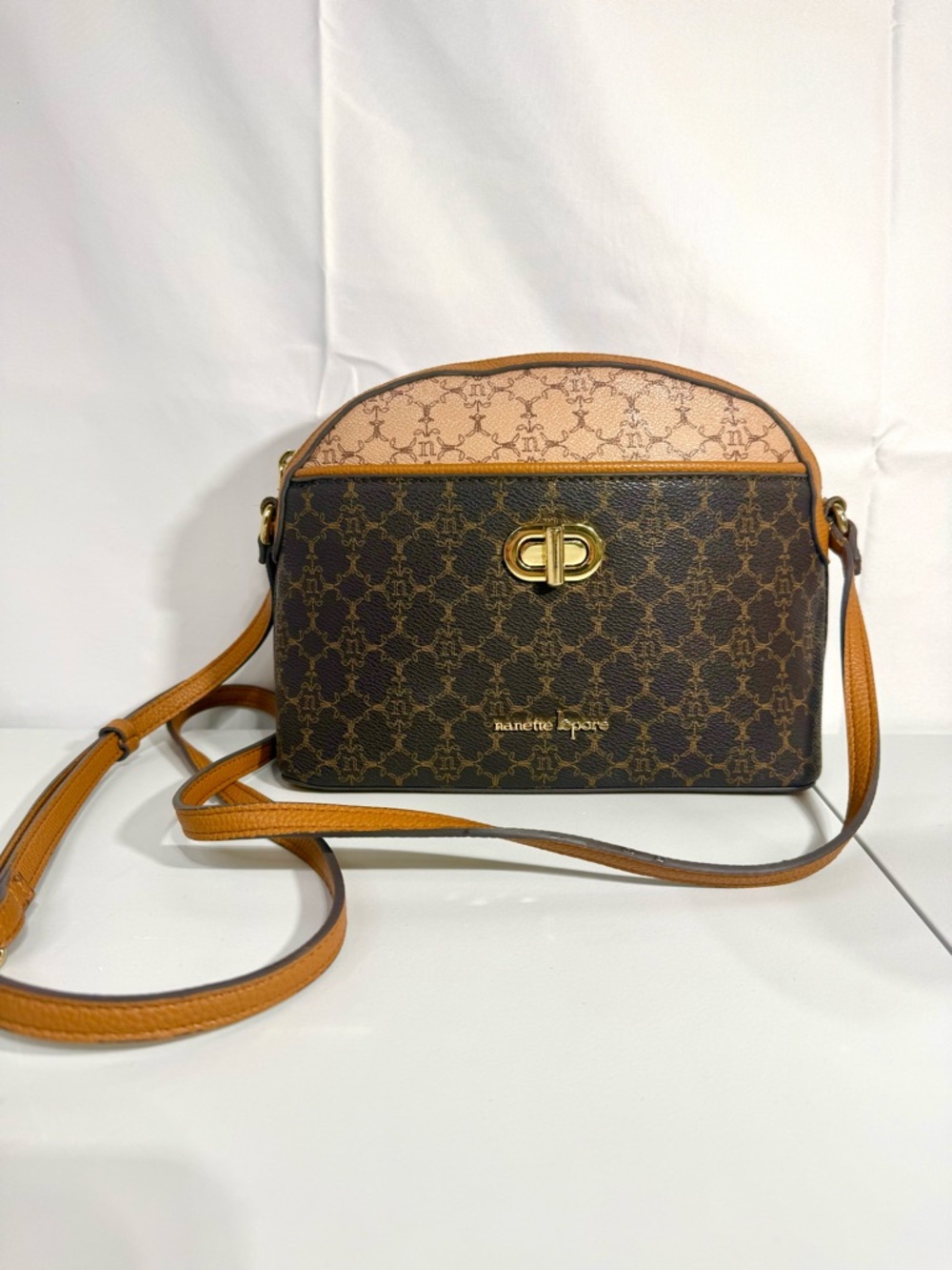 Nanette Lepore‎ Monogram Crossbody Bag Brown Tan Logo Turn Lock